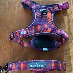 Purple Orange Plaid Dog Harness and Collar Set